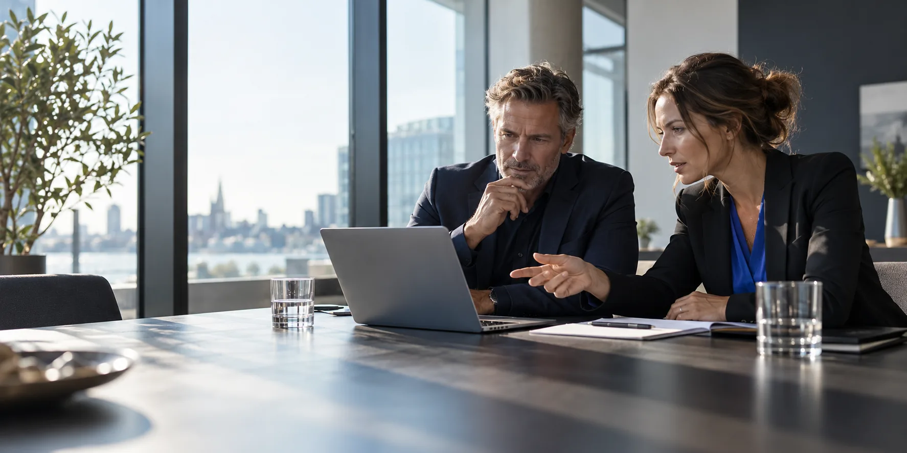 Consultants reviewing a sales process together at a laptop in a bright office